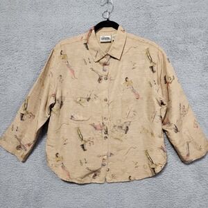 Vintage Chico Design Silk Linen Egyptian Hieroglyphs Print Blouse Size‎ 1 Tan